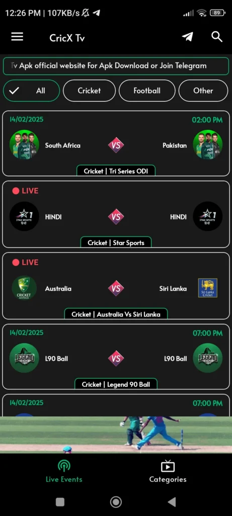 CricPK TV APK home page screenshot
